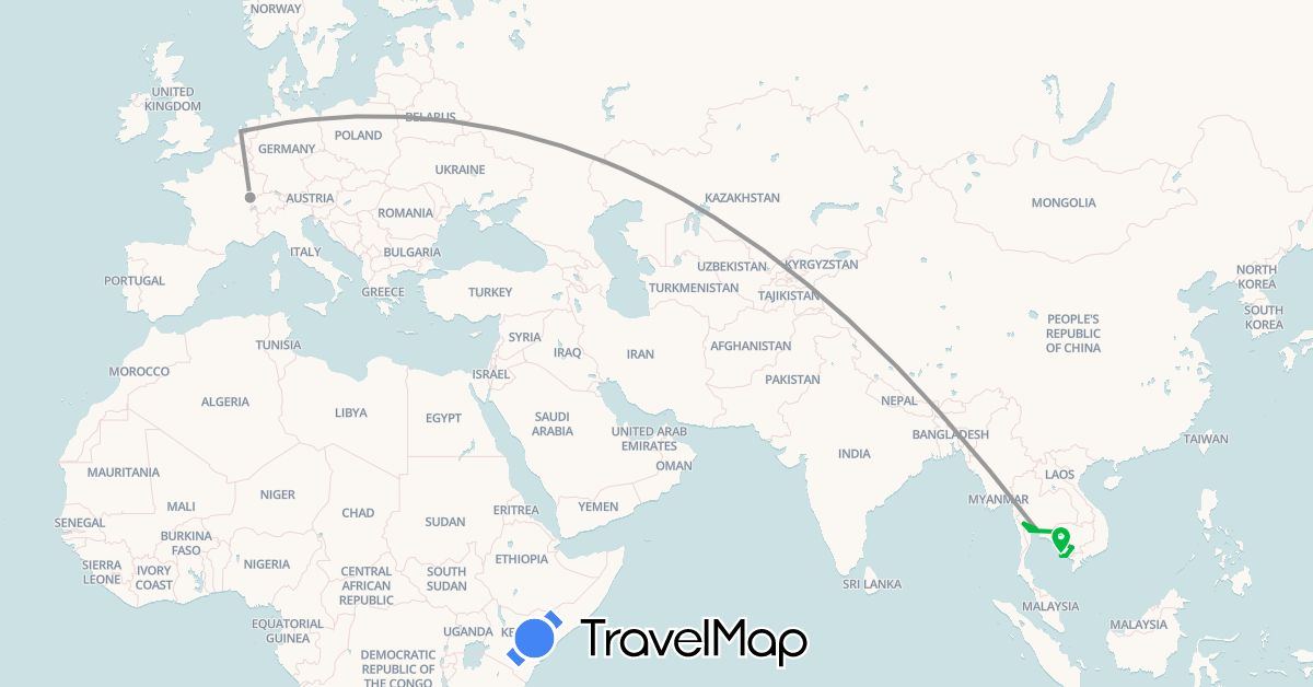 TravelMap itinerary: bus, plane in France, Cambodia, Netherlands, Thailand (Asia, Europe)